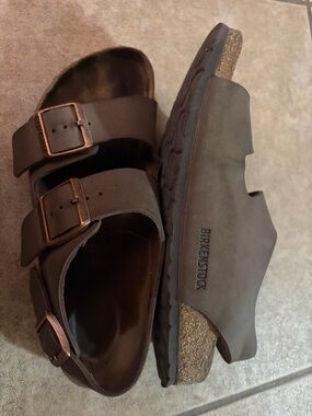 Birkenstock Women’s Brown Arizona Two-Strap Sandals with Copper Buckles